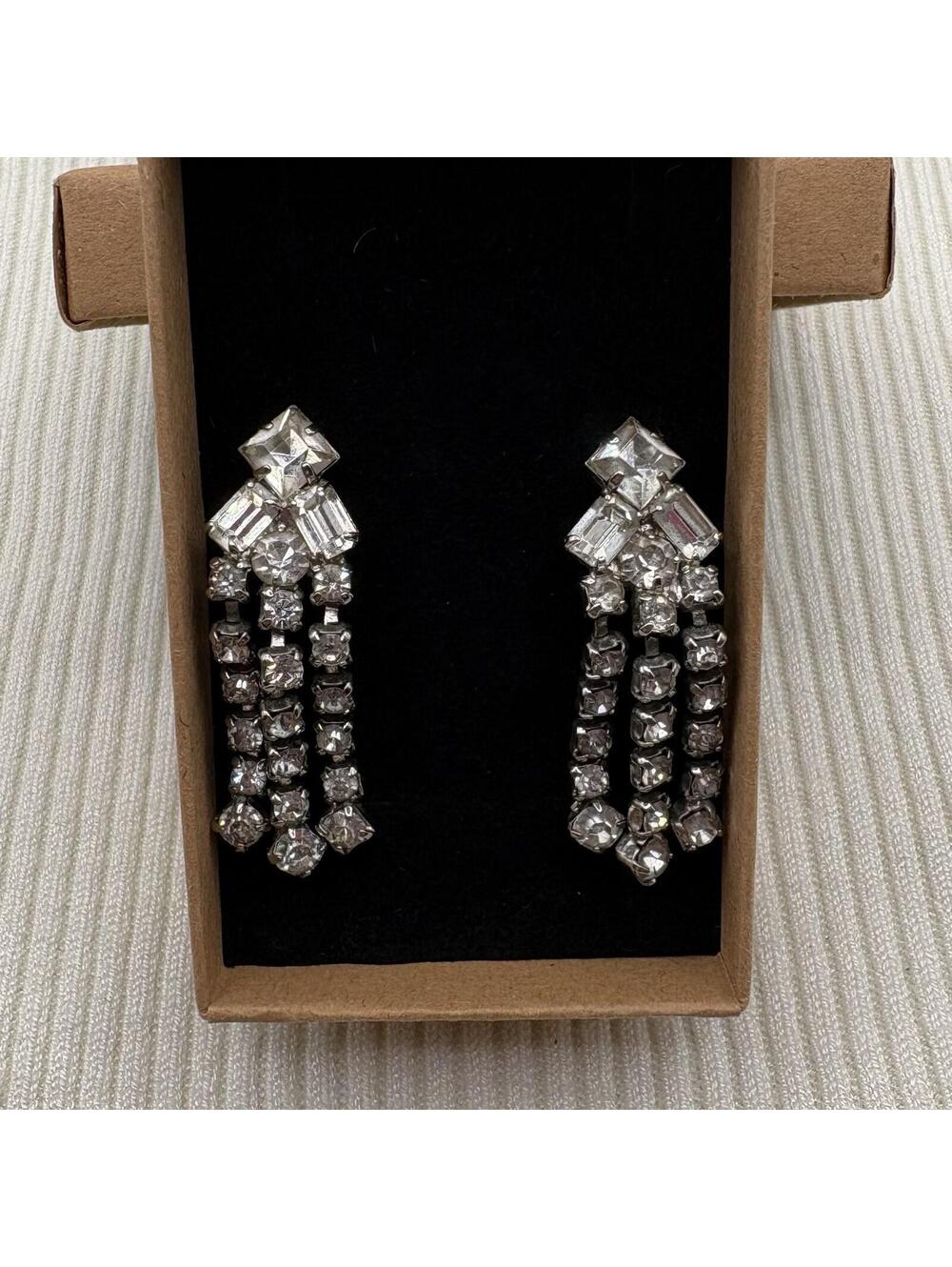 Vintage Clear Rhinestone Dangle Earrings Screw Back Silver Tone Art Deco Style
